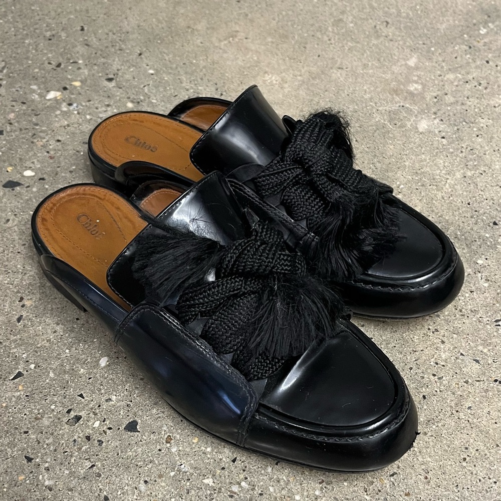 Black Leather Chloe Loafers with Tassel Detail